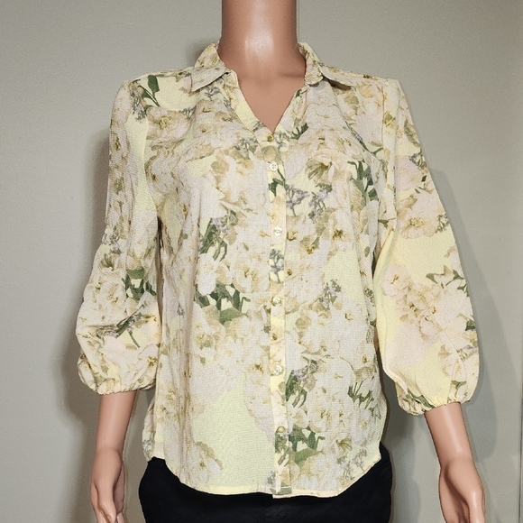 have benard Tops - Elegant Floral Blouse - Cream and Green